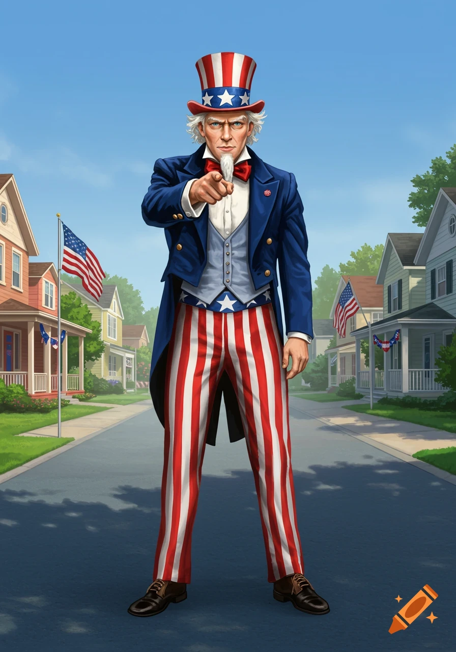 Illustrated Uncle Sam in a red, white, and blue suit pointing his finger on a suburban street with American flags.
