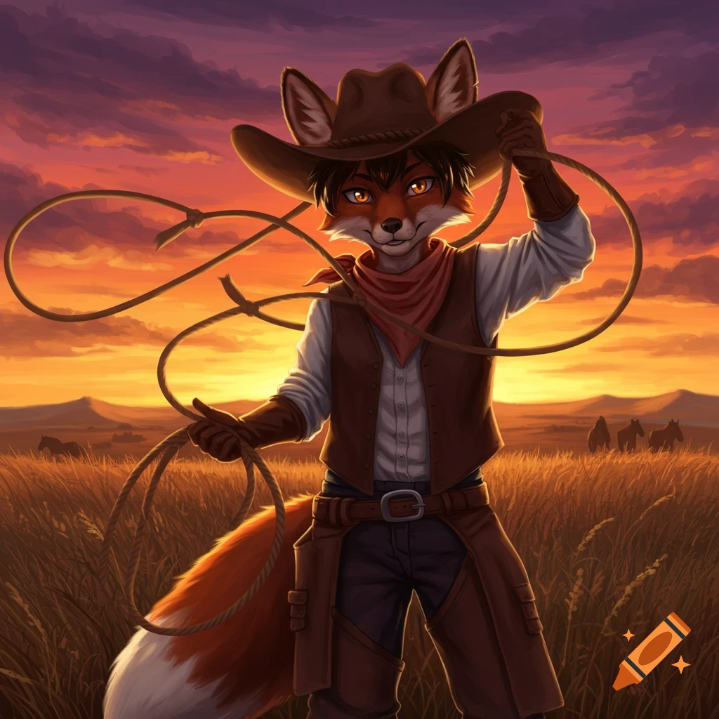 A furry fox character dressed as a cowboy, holding a lasso in a field at sunset with horses in the background, in a digital art style.