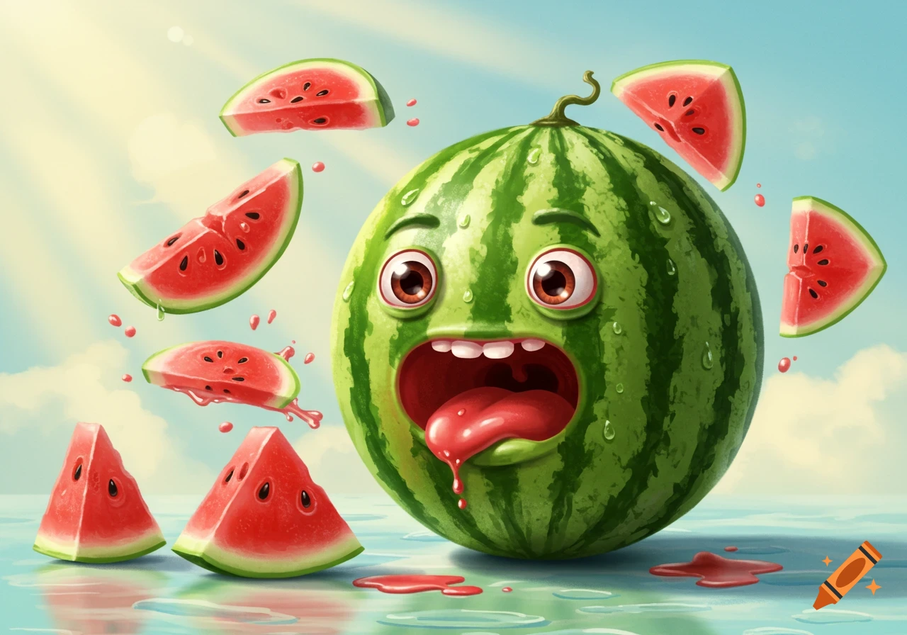 A cheerful cartoon watermelon character with wide eyes and a tongue out, surrounded by splashing slices on a wet surface under a sunny sky.