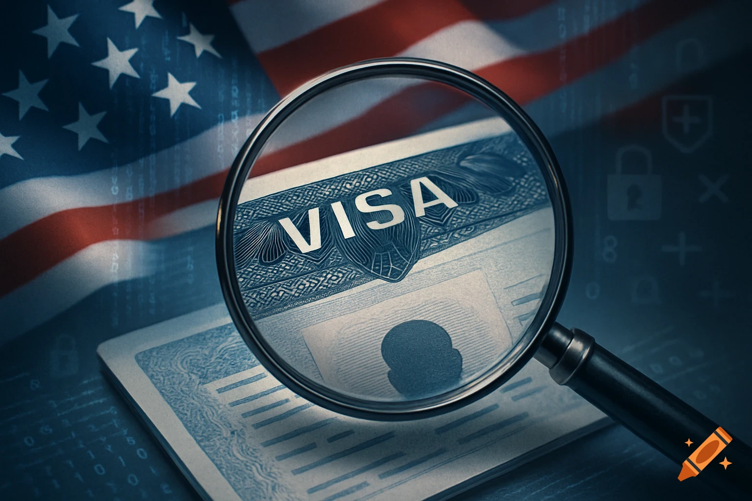 Magnifying glass over a U.S. visa document, with an American flag and digital security icons in the background, photorealistic style.