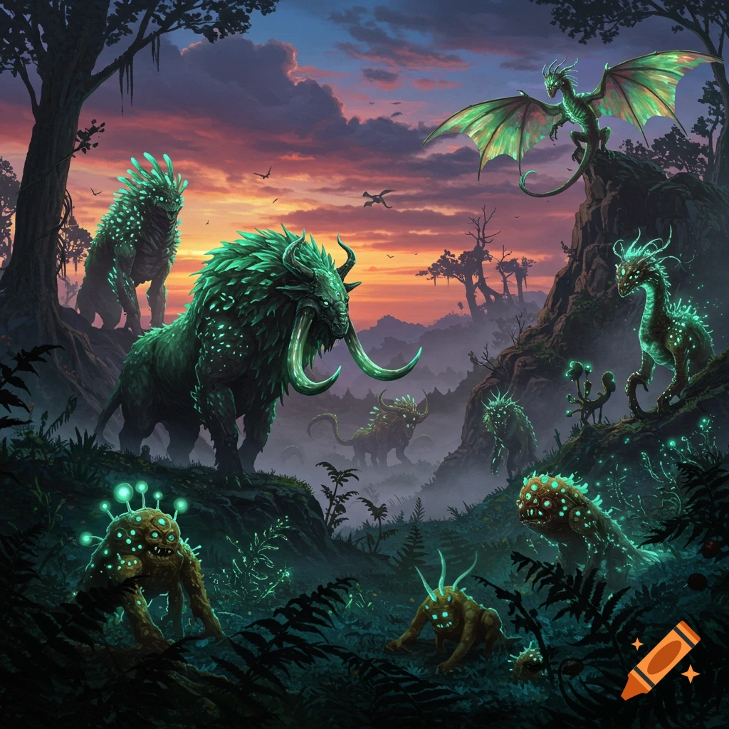 Fantasy art of glowing green and yellow monsters, including a large mammoth-like beast and a dragon, in a dark, misty forest at sunset.