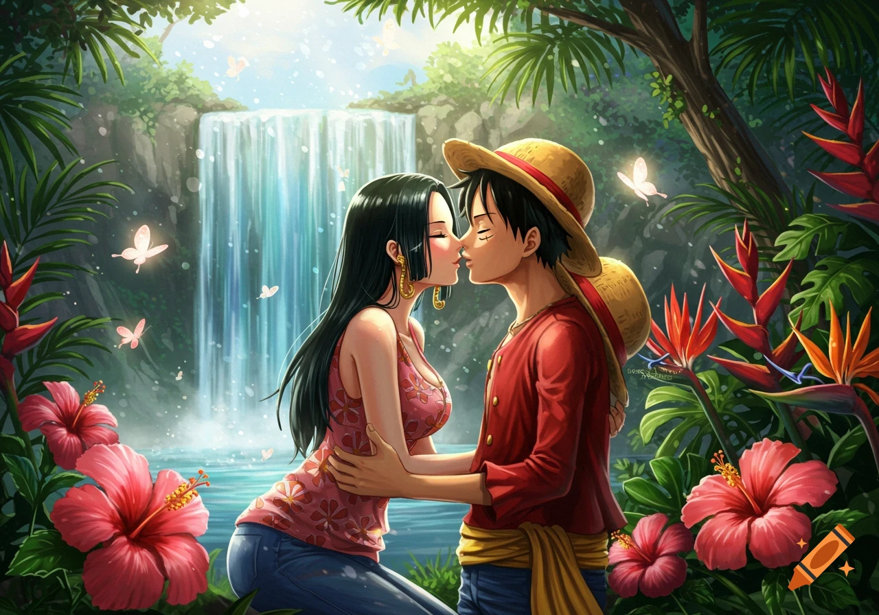 Luffy and Hancock from One Piece kiss in a lush tropical jungle with a waterfall and vibrant flowers.