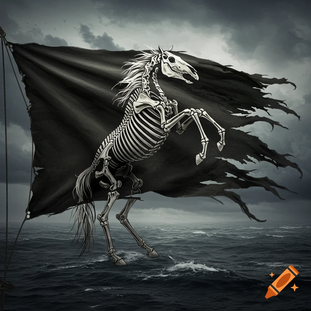 A skeleton horse rears up against a tattered black pirate flag on a stormy, dark sea.