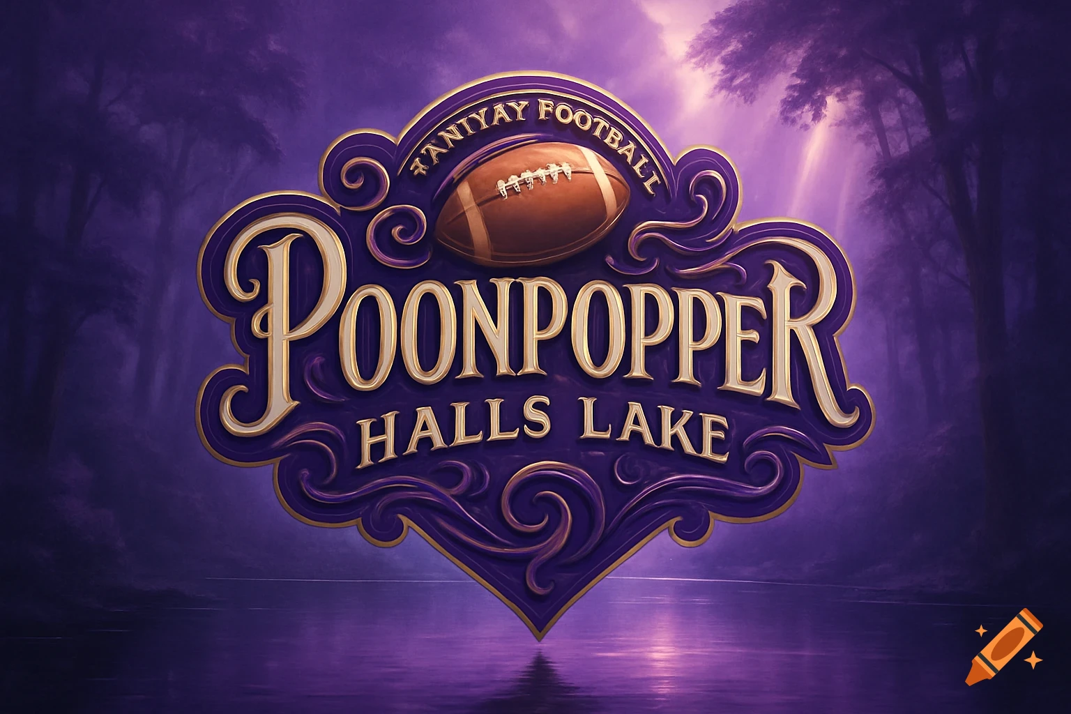 A purple and gold ornate logo for "Poonpopper Halls Lake" fantasy football, with a football icon on top, against a dark purple forest and lake background.