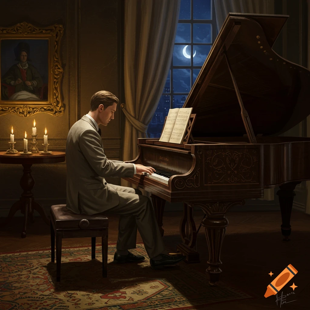 A man in a suit plays a grand piano in an elegant, dimly lit room at night, with a crescent moon visible through the window.