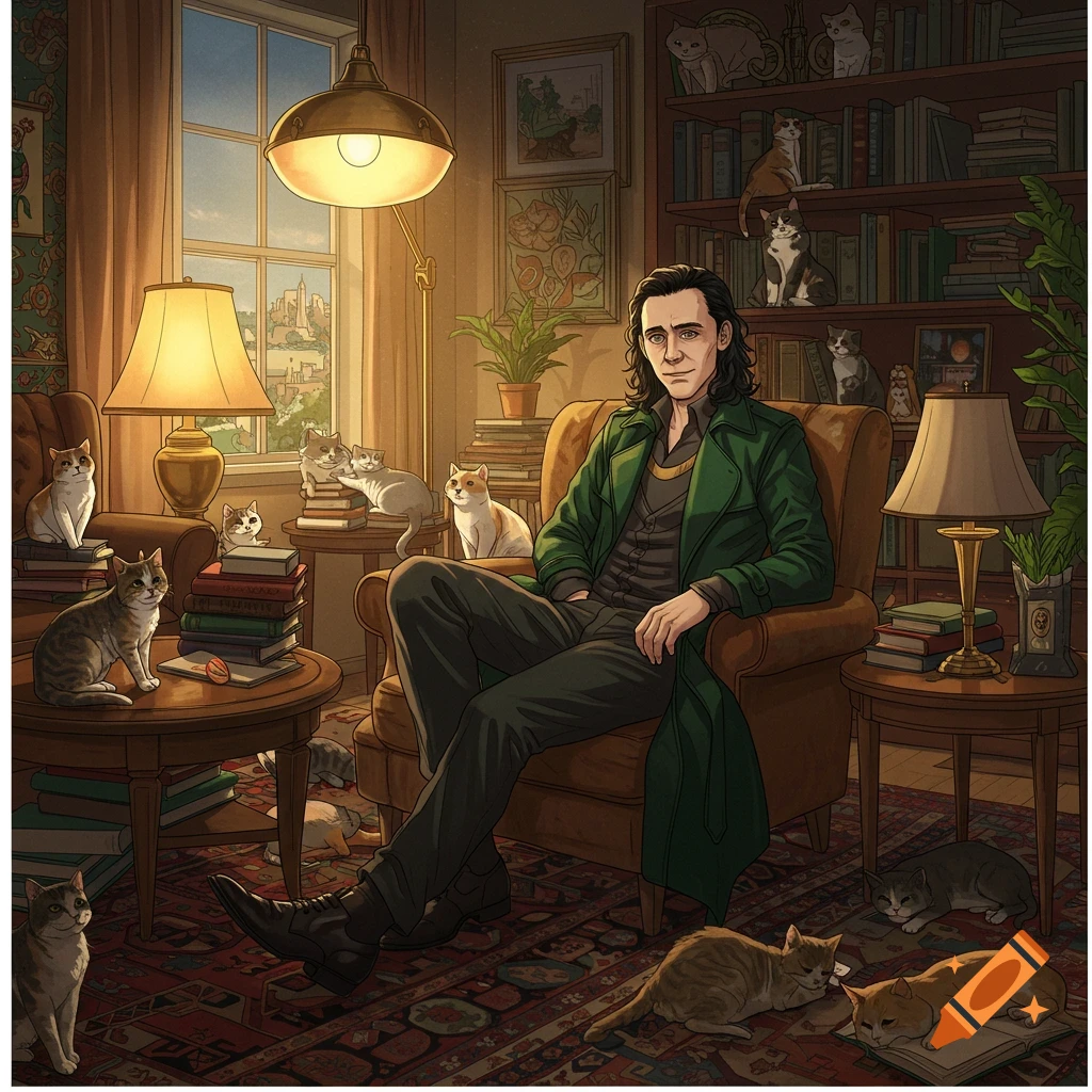 Illustrated Loki in a green coat, sitting in a cozy apartment armchair, surrounded by many cats and bookshelves.