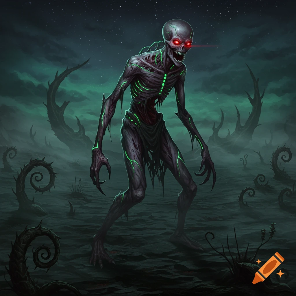 A skeletal monster with glowing red eyes and green glowing veins stands in a desolate, foggy landscape under a starry night sky.