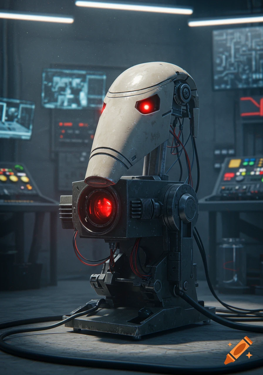 A photorealistic image of a battle droid-like robot head with glowing red eyes and a prominent red lens, standing in a dimly lit sci-fi lab.
