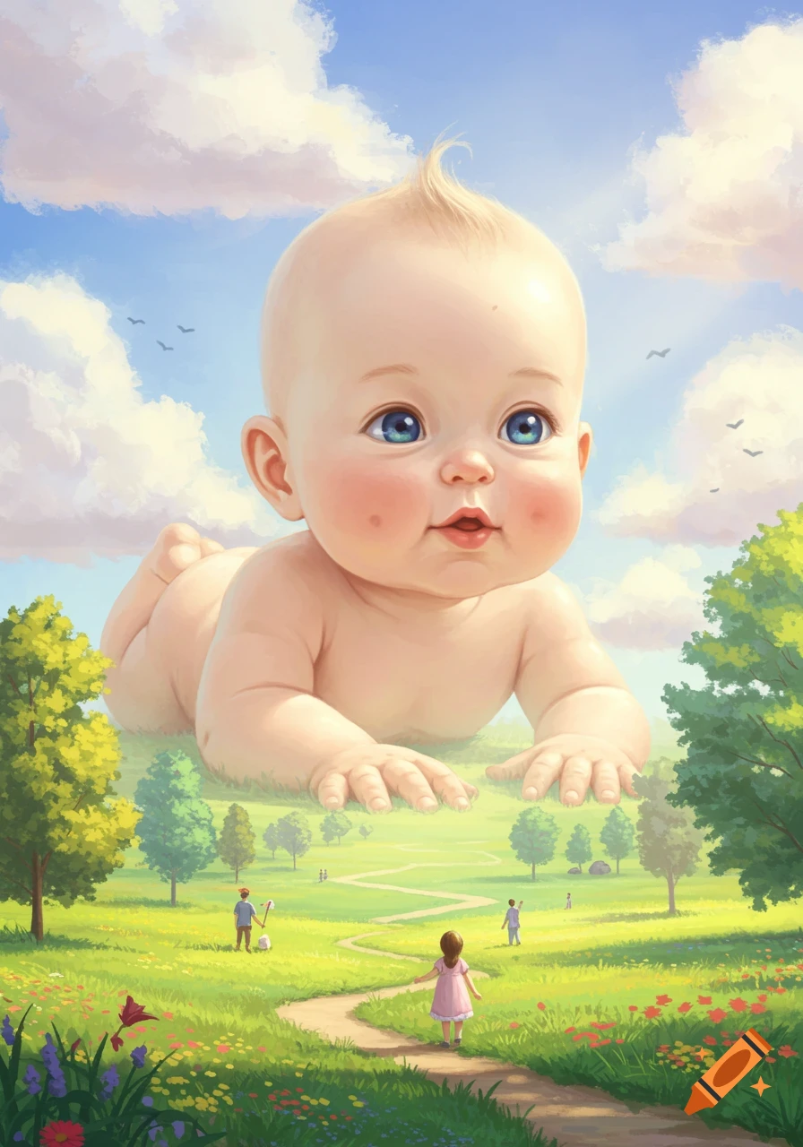 A giant, smiling baby crawls through a vibrant green field under a blue sky, with tiny people and trees dotting the landscape, digital painting.