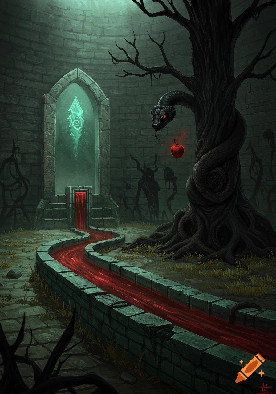 A dark fantasy scene depicts a black snake coiled around a gnarled tree, reaching for a glowing red apple. A river of blood flows from a mystic glowing portal in a stone chamber.