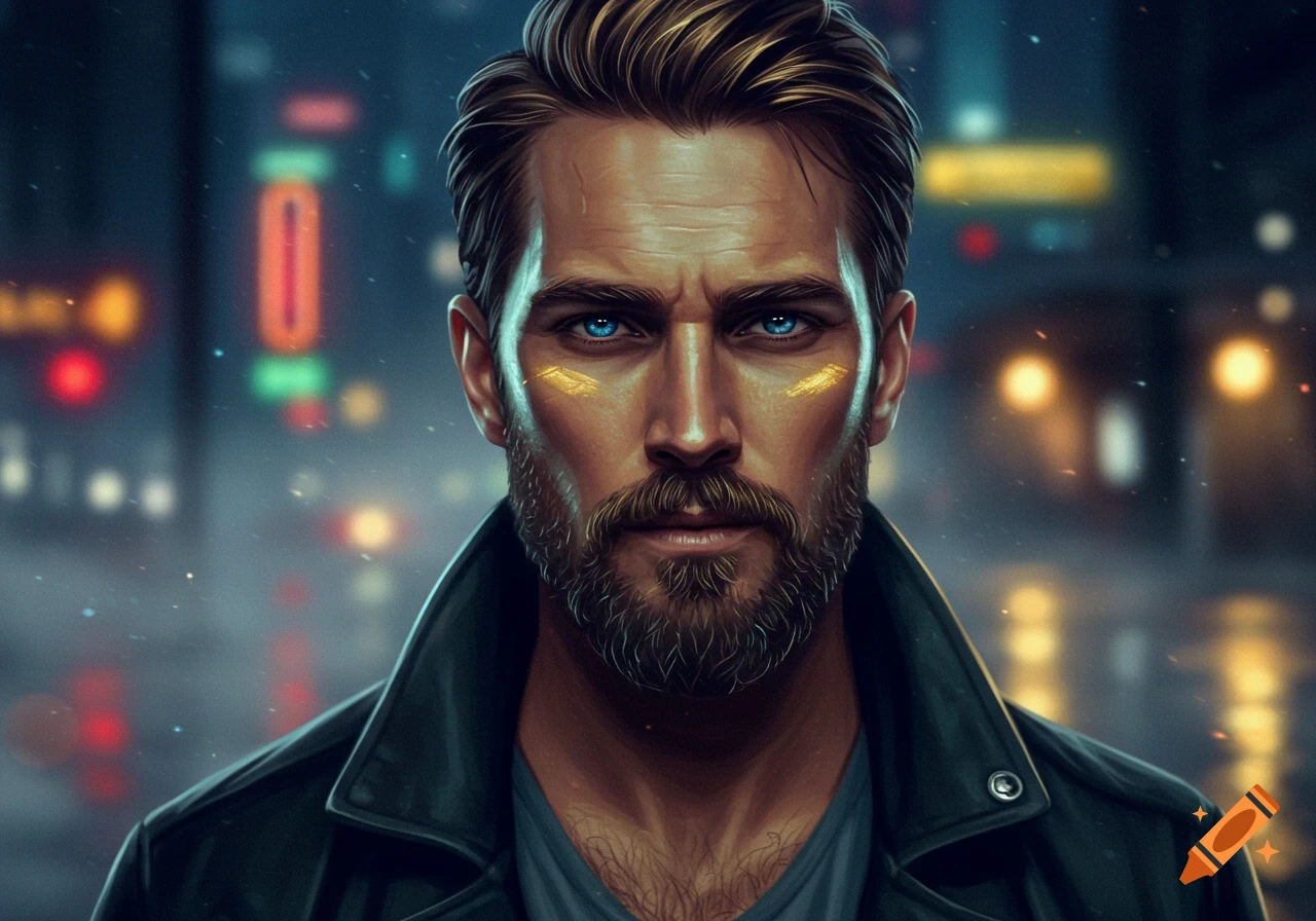 Close-up portrait of a handsome man with a beard and striking blue eyes, with golden marks on his cheeks, set against a blurred neon city background.