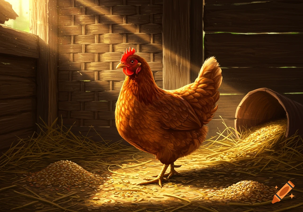 A brown chicken stands on hay inside a sunlit barn, with piles of grain nearby.