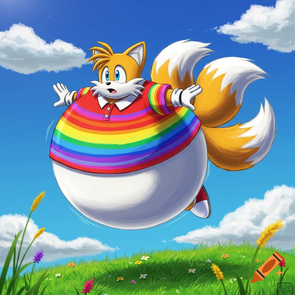 Inflated cartoon fox character, Tails, wearing a rainbow-striped polo shirt, floats above a green grassy field under a blue sky with clouds.