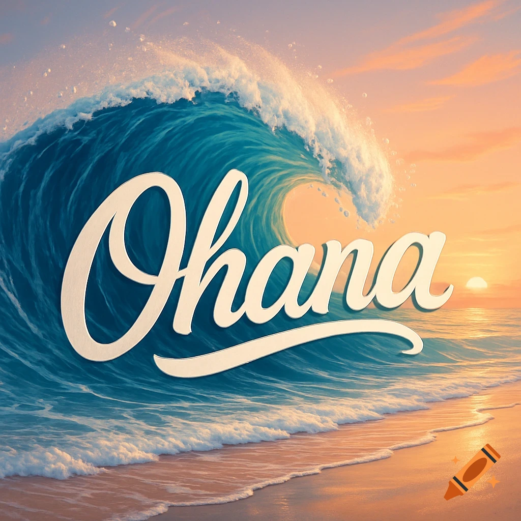 Large blue ocean wave with the word "Ohana" in script font, a sandy beach, and a warm sunset sky.