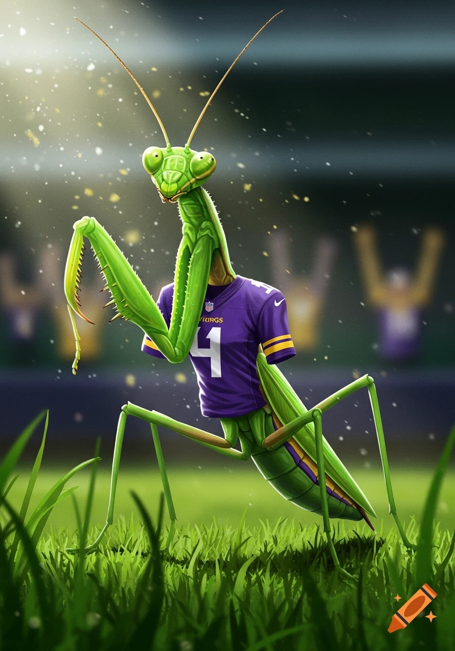 A stylized praying mantis wearing a purple Minnesota Vikings football jersey with the number 4, standing in green grass inside a stadium.