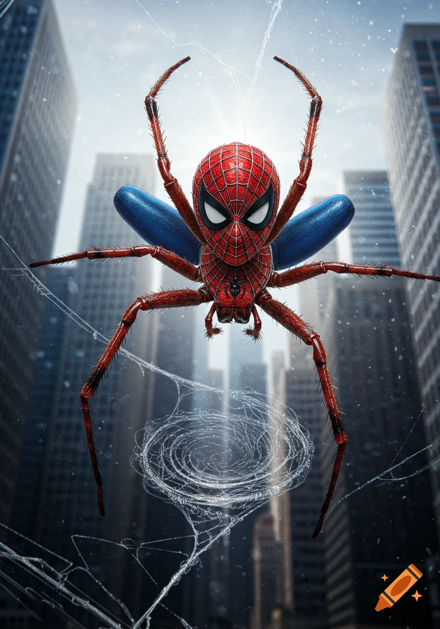 A red and blue Spider-Man head and torso on a brown recluse spider body with eight hairy legs hangs on a web above a cityscape.