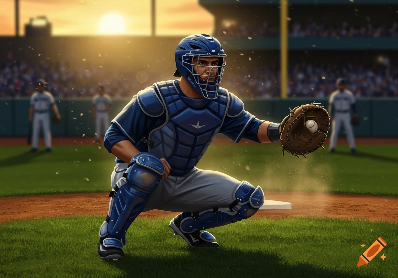 A baseball catcher in blue gear crouches on the field, ready to catch a ball, with a stadium and sunset in the background.