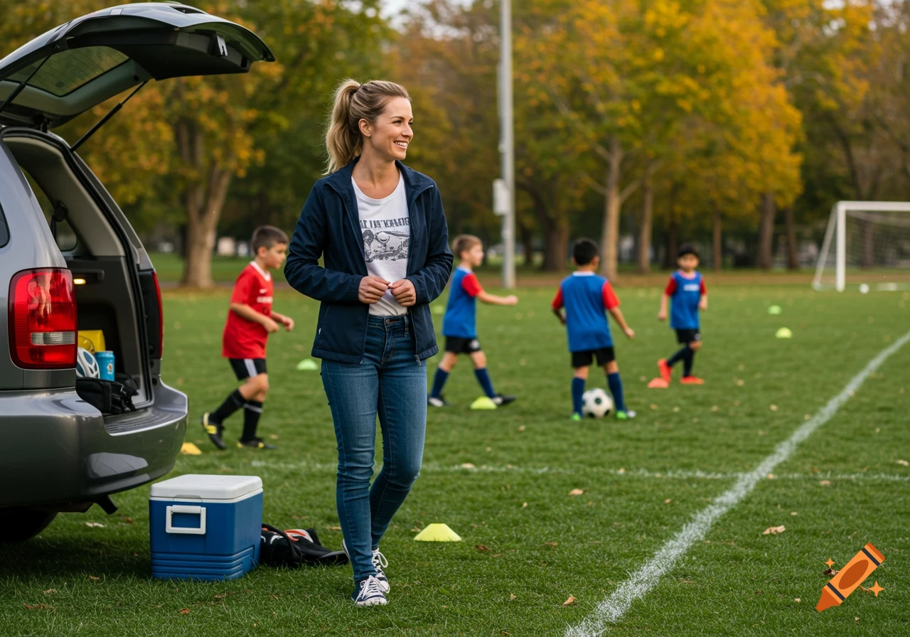 A smiling woman stands on a soccer field next to an open car trunk, watching children play soccer in a photorealistic style.