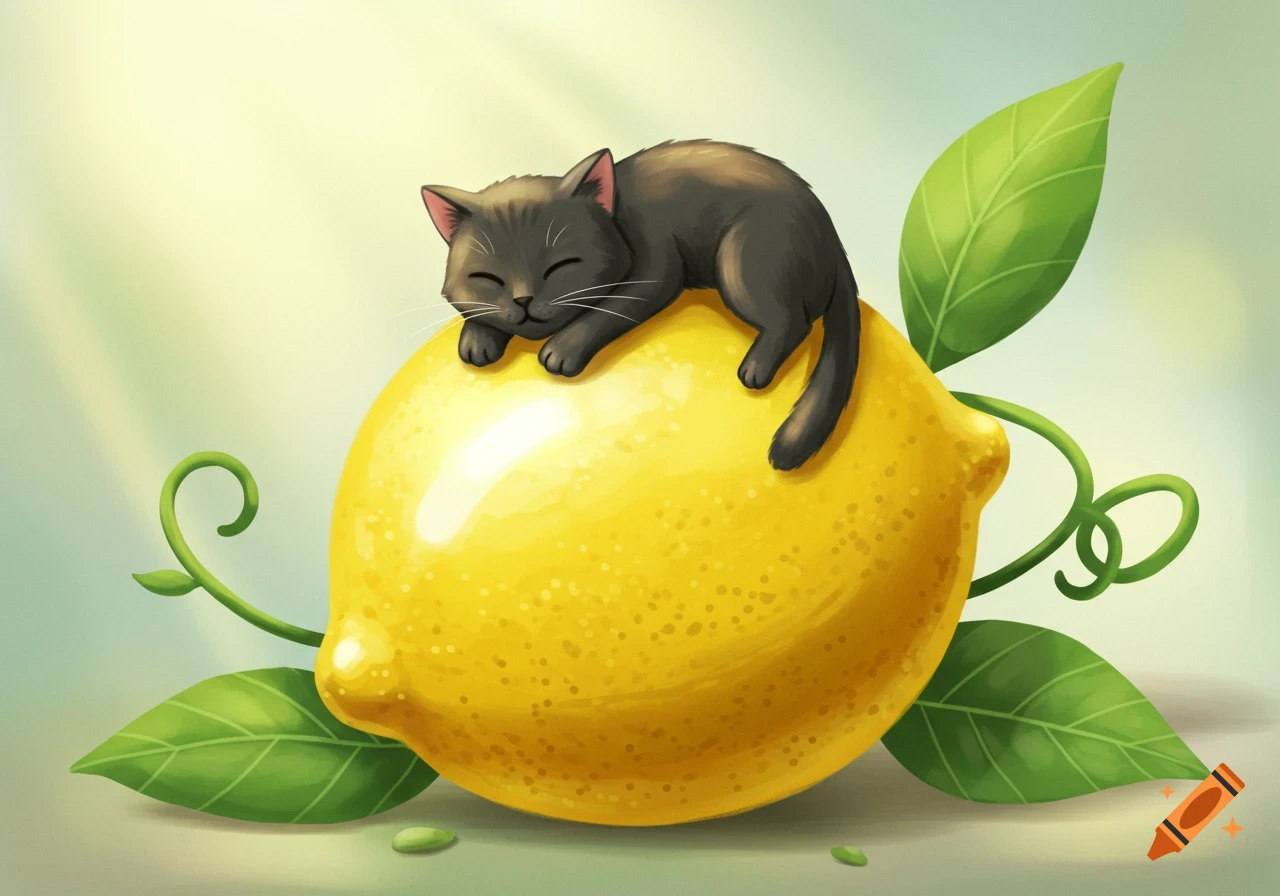A cute black cartoon cat is sleeping peacefully on a large bright yellow lemon, surrounded by green leaves.