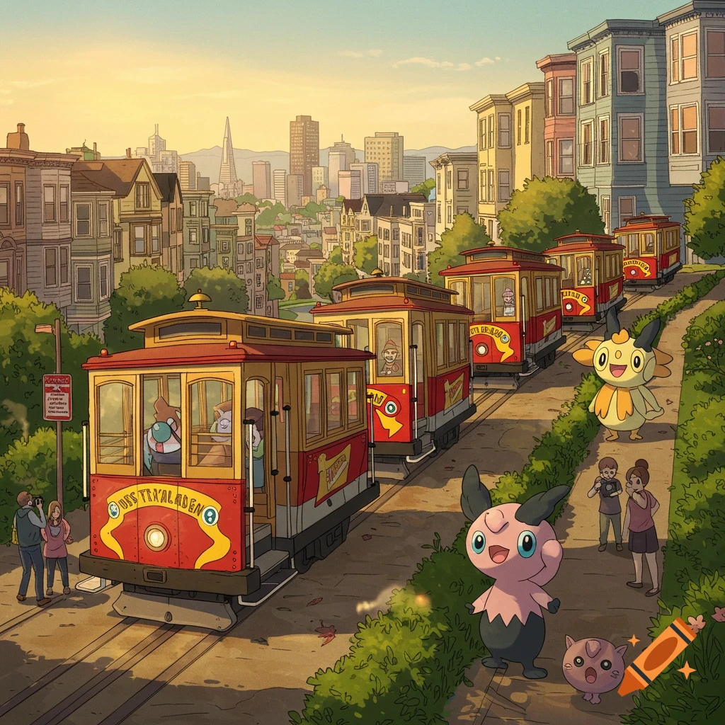 Cartoon image of Pokémon characters on a San Francisco street with multiple red cable cars and city buildings in the background.