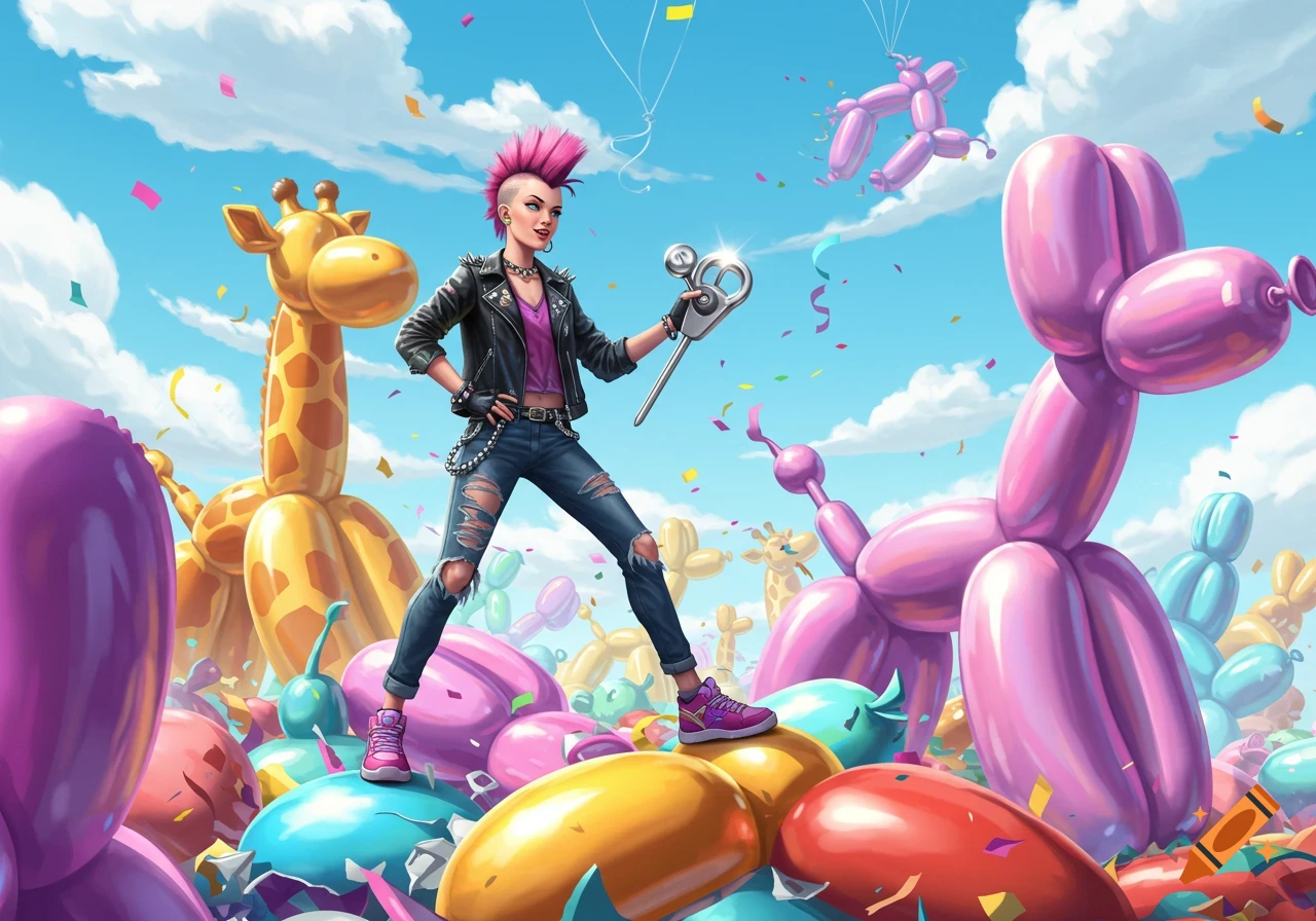 A punk woman with a pink mohawk stands on a pile of burst balloon scraps, holding a cutting tool, surrounded by balloon animals and confetti.