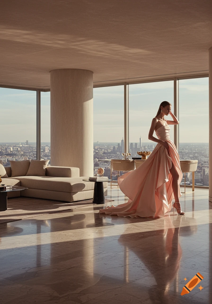 A woman in a flowing light pink gown poses in a luxurious penthouse with floor-to-ceiling windows overlooking a city skyline, bathed in soft cinematic light.