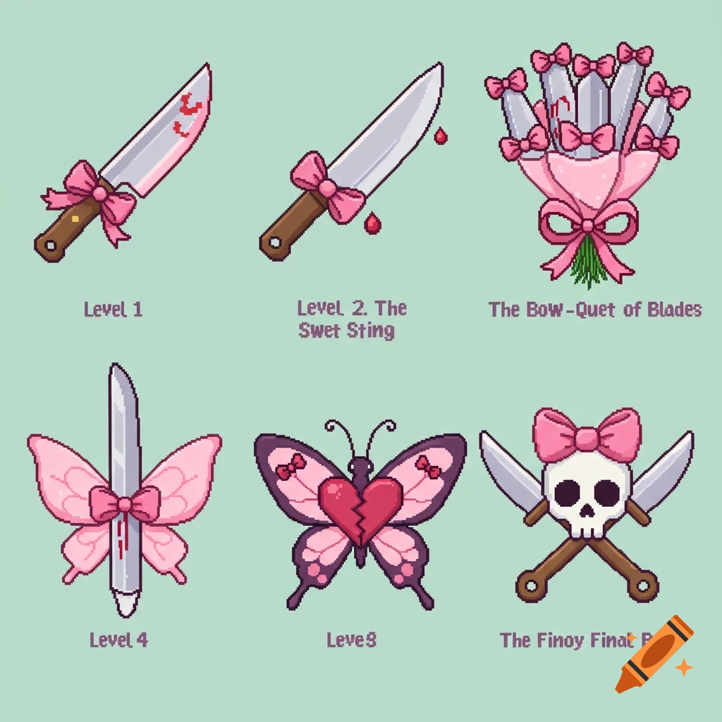 Six pink-themed pixel art badges featuring knives, bows, a skull, and a butterfly, displayed on a light green background.