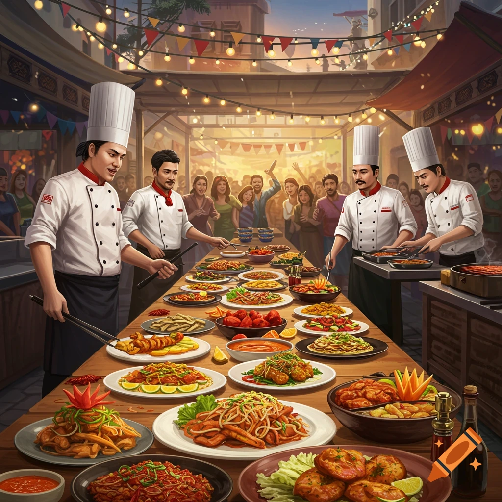 Vibrant illustration of a street food market with chefs serving various dishes on a long table as customers gather under string lights at sunset.