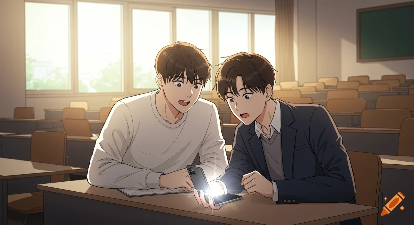 Two male students in a Korean webtoon style sit at a desk in a bright classroom, looking intently at a glowing phone.
