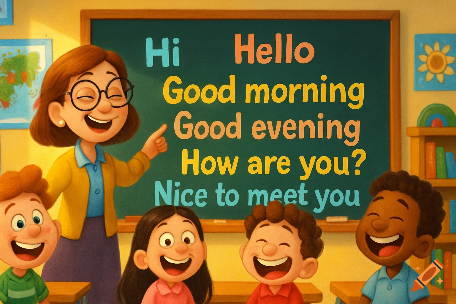 A cartoon teacher points at a blackboard with greetings as happy children watch in a colorful classroom.