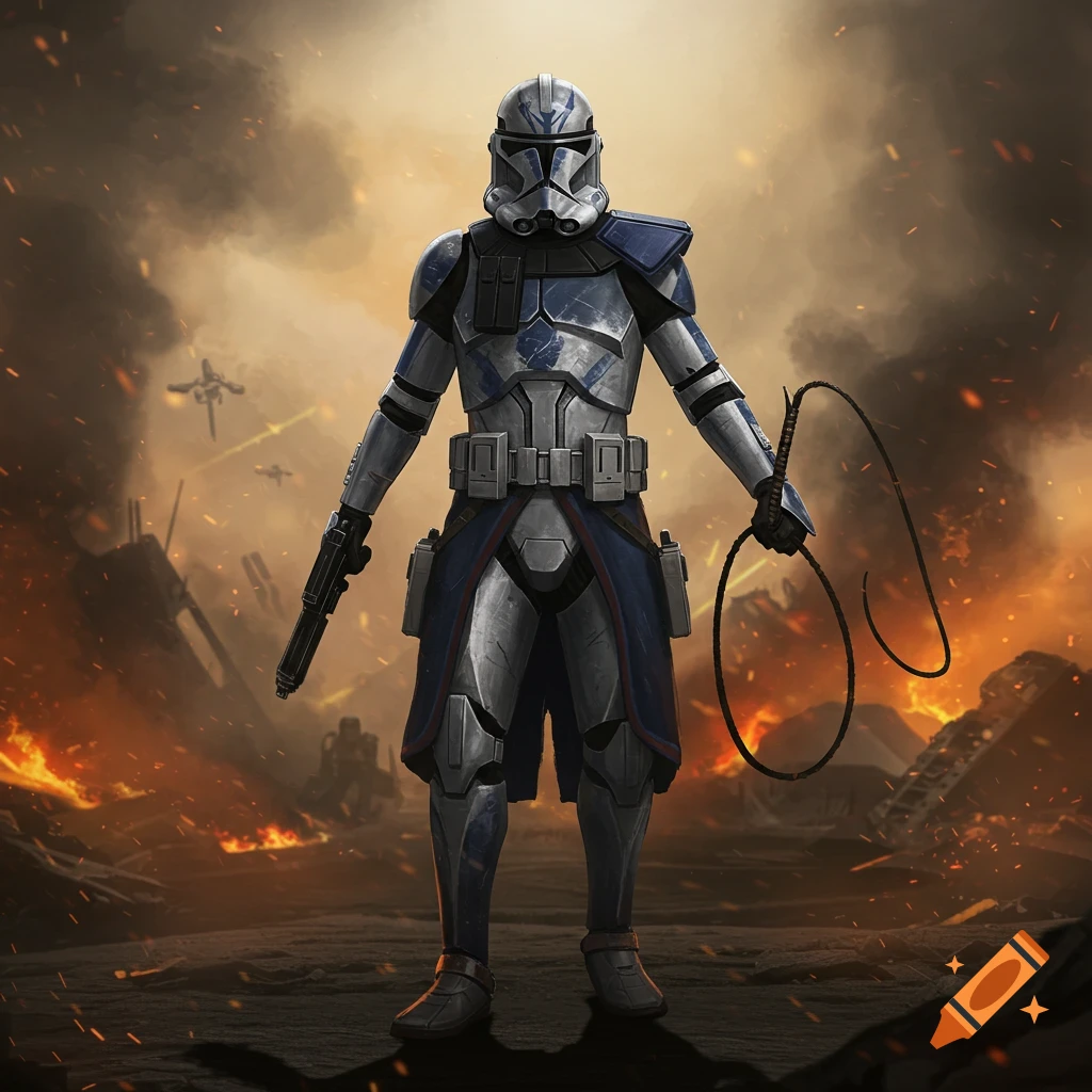 A clone trooper in blue and silver armor holds a blaster and whip on a burning, smoky battlefield, photorealistic style.