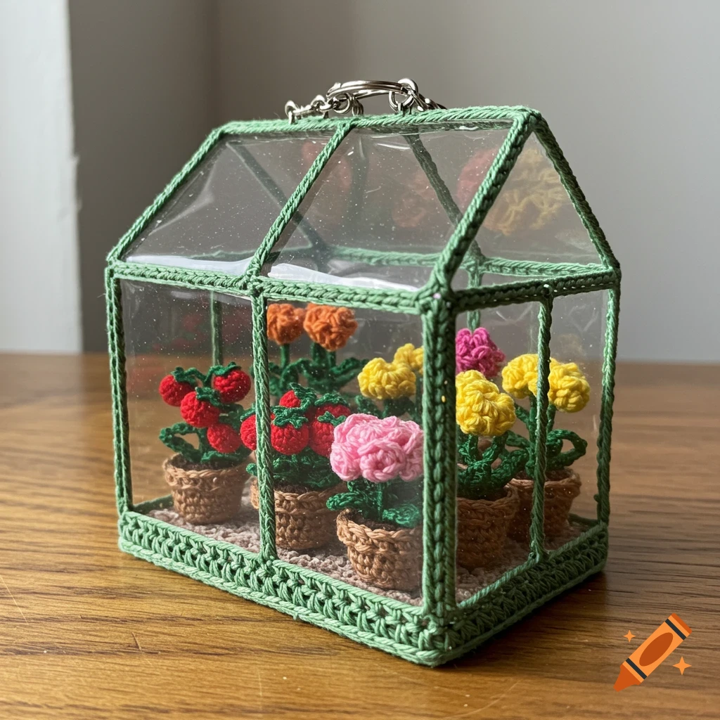 A miniature crocheted greenhouse keychain with plastic panels, filled with tiny potted crocheted tomatoes, peppers, roses, and chrysanthemums.