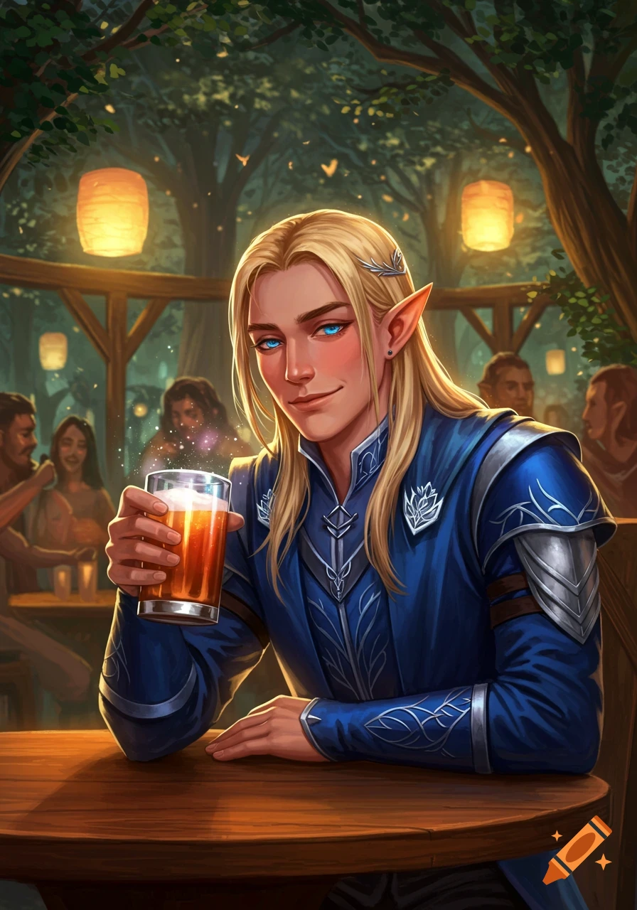 A handsome blond elf man with bright blue eyes and pointed ears, wearing blue and silver armor, smiles while holding a glass of beer in a dimly lit fantasy tavern.