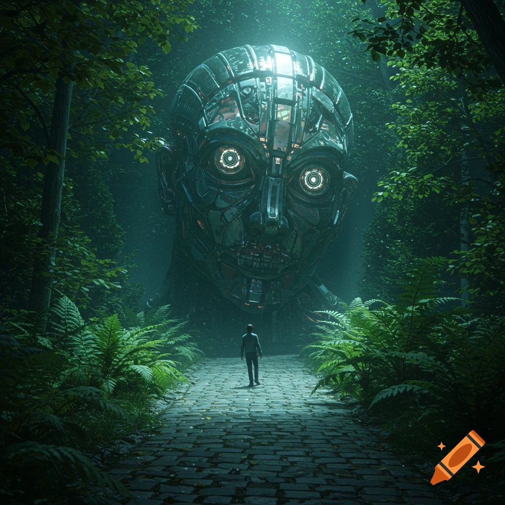 A person walks down a cobblestone path in a misty, dark forest towards a giant, glowing-eyed metallic robot head.