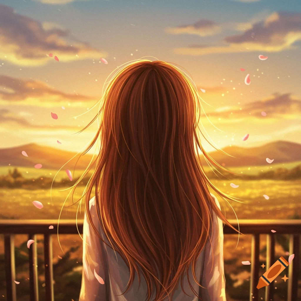 Anime art: Long-haired person from behind watches a vibrant sunset over hills from a balcony, with pink petals floating.