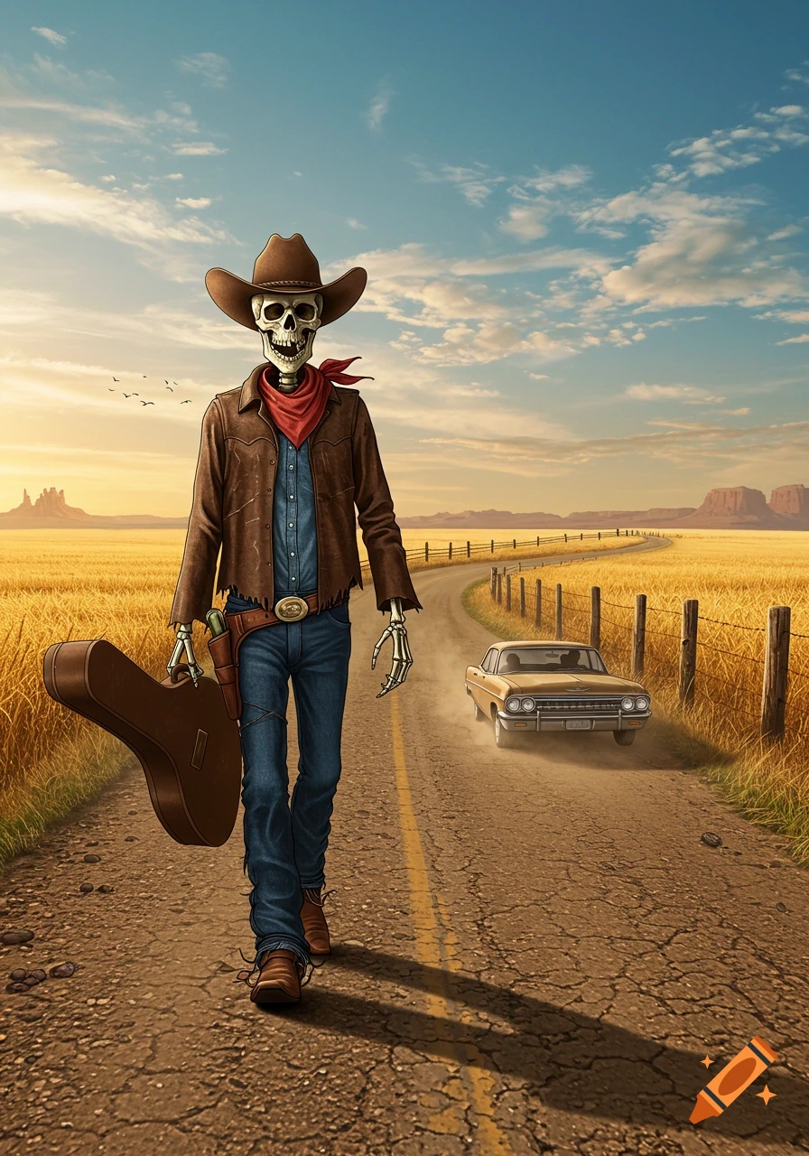 A stylized skeleton cowboy in a hat and bandana walks down a dirt road carrying a guitar case, with a vintage car behind him.