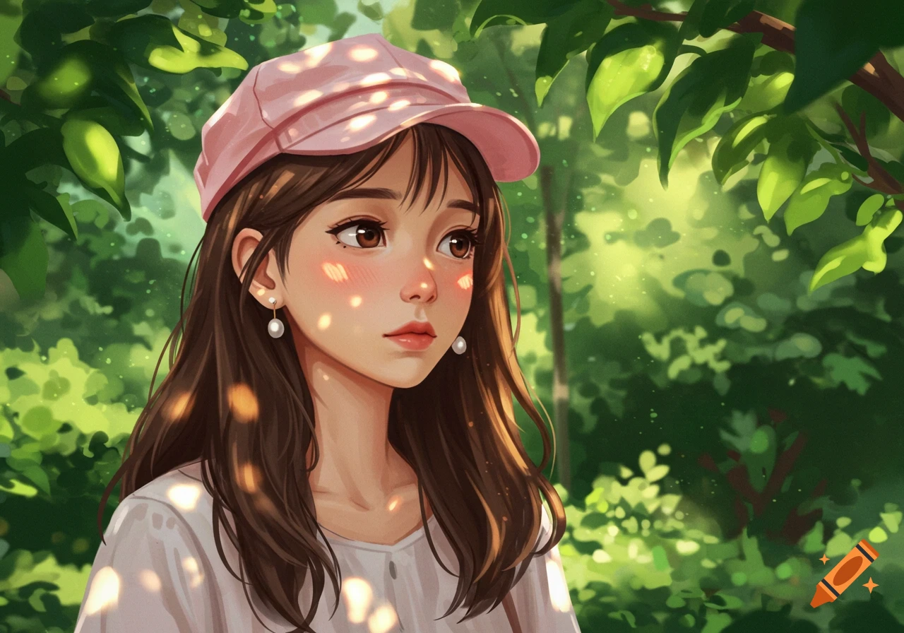 Anime-style portrait of a girl with a pink cap and brown hair, dappled in sunlight under green leaves.