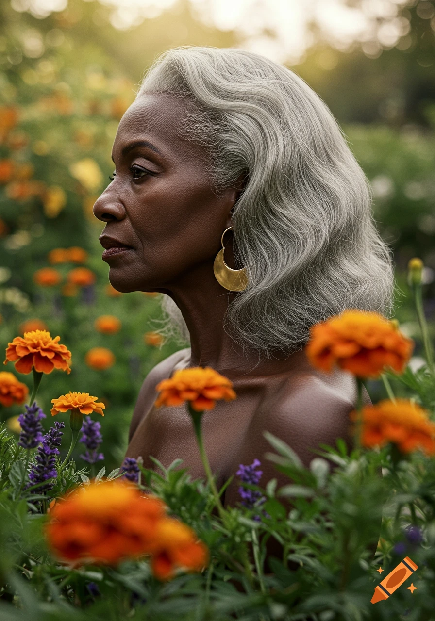 Photorealistic portrait of a woman with grey hair and gold earrings, looking left in a vibrant flower garden.