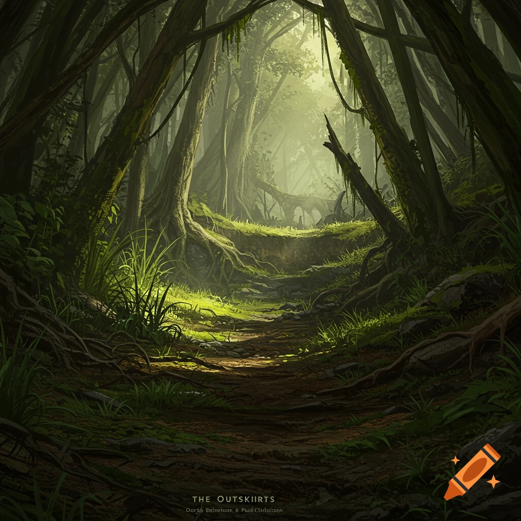 A dark, overgrown forest path leads into a bright, misty clearing, with large trees, tangled roots, and luminous green foliage.