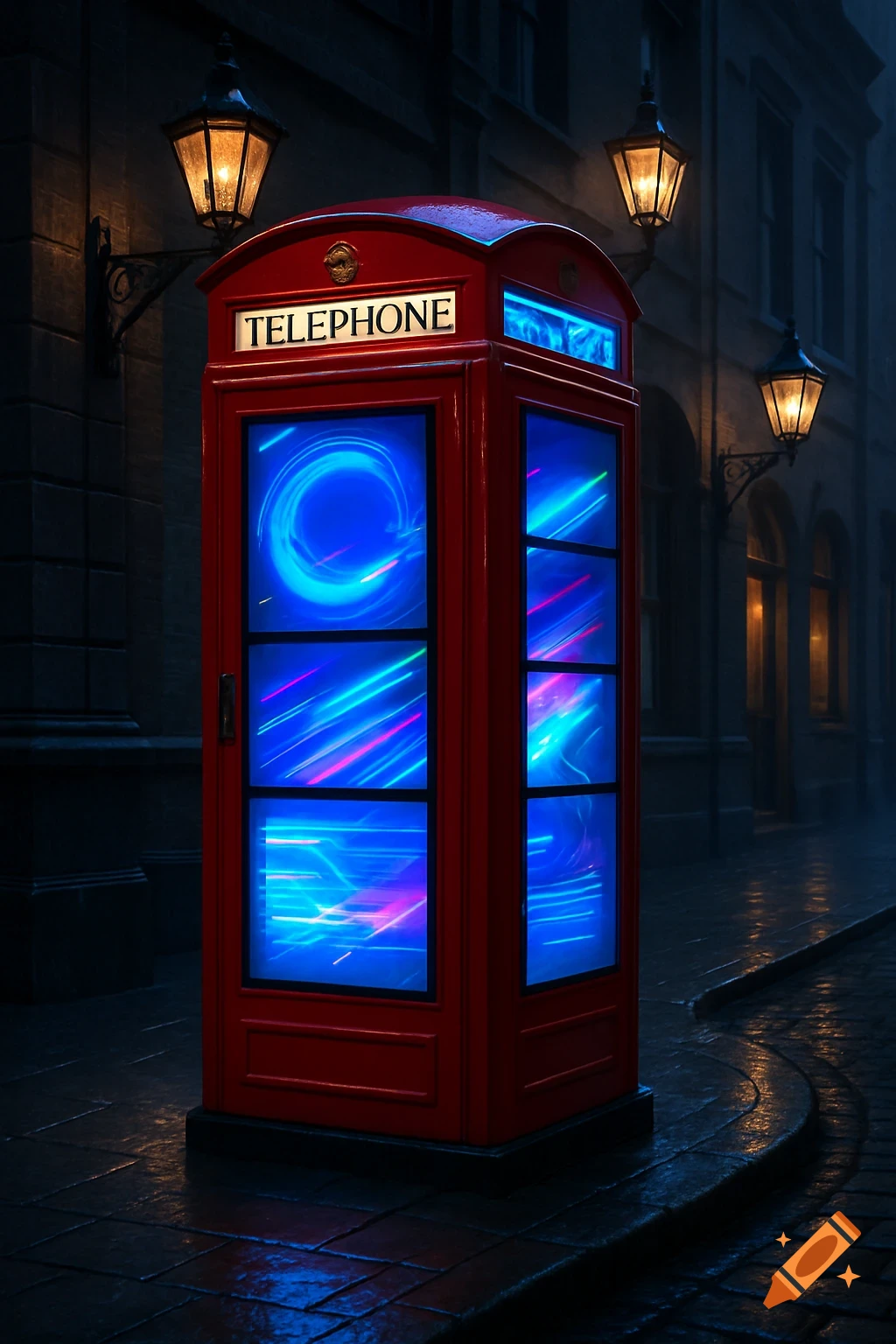A red British telephone box glows with blue and pink digital patterns on a wet, cobblestone street at night, lit by street lamps.