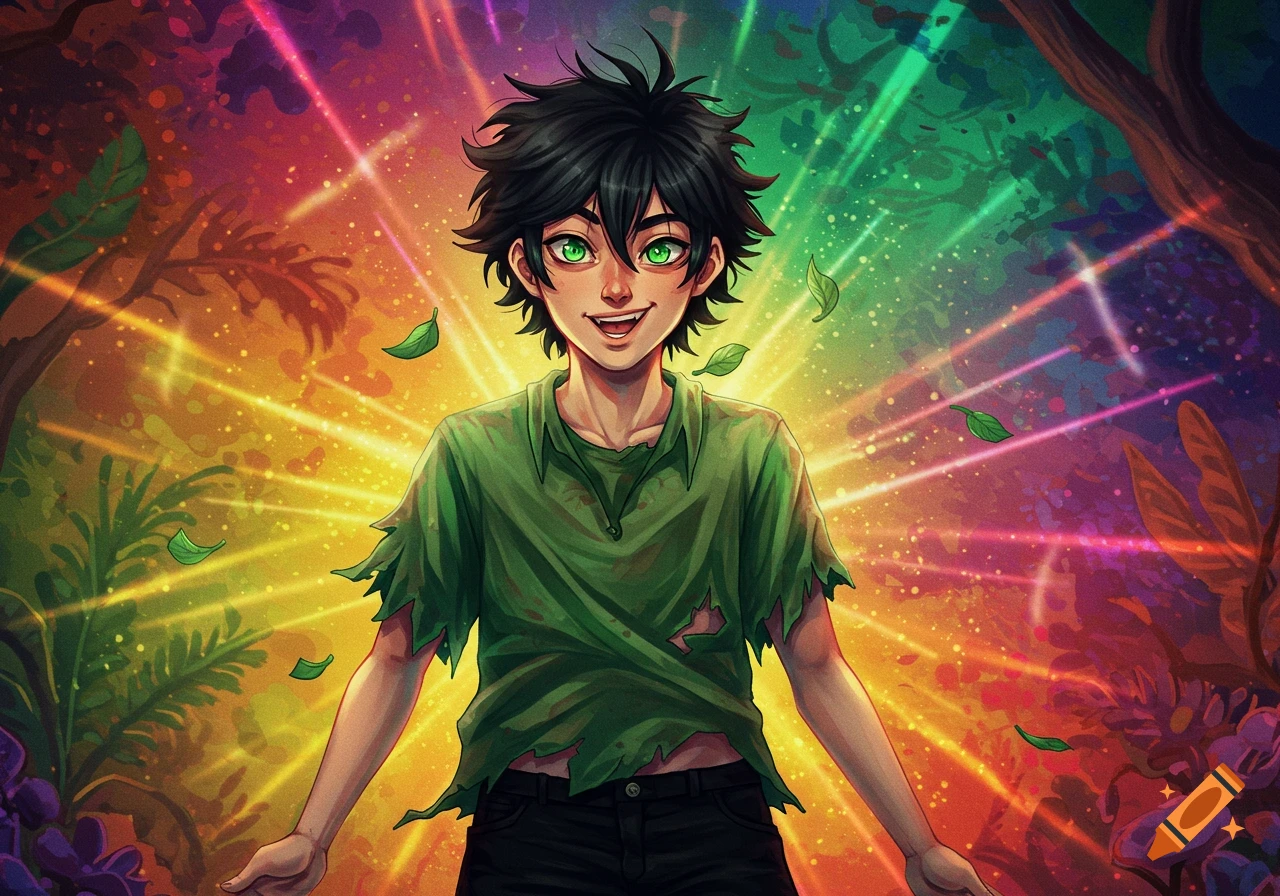 A smiling young man with messy black hair and bright green eyes, wearing a ripped green shirt, against a vibrant, glowing fantasy forest background.