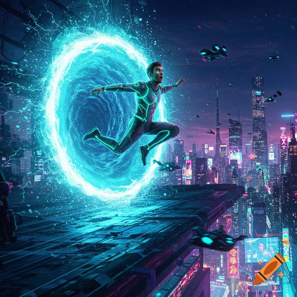A man in a glowing futuristic suit leaps from a bright blue energy portal into a neon-lit cyberpunk city at night with flying vehicles.