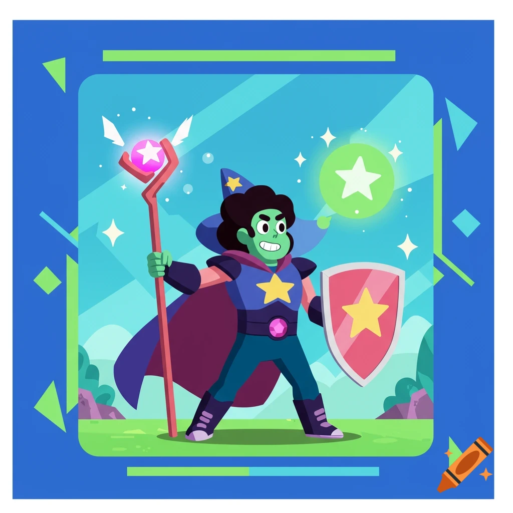 A green-skinned cartoon wizard in a blue cape and hat holds a glowing staff and shield in a vibrant outdoor landscape.