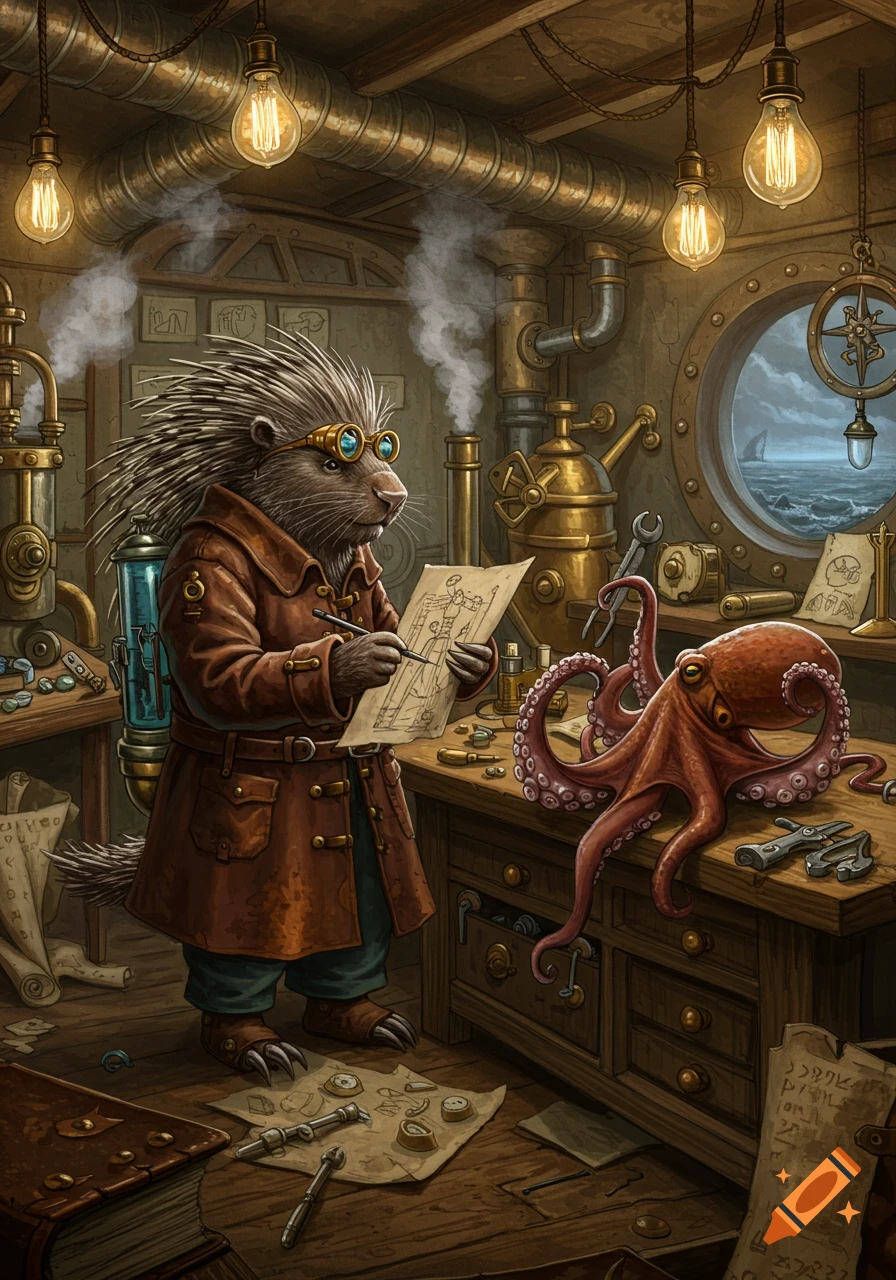 A porcupine artificer in steampunk gear draws plans for an octopus in a detailed workshop filled with machinery and glowing bulbs.