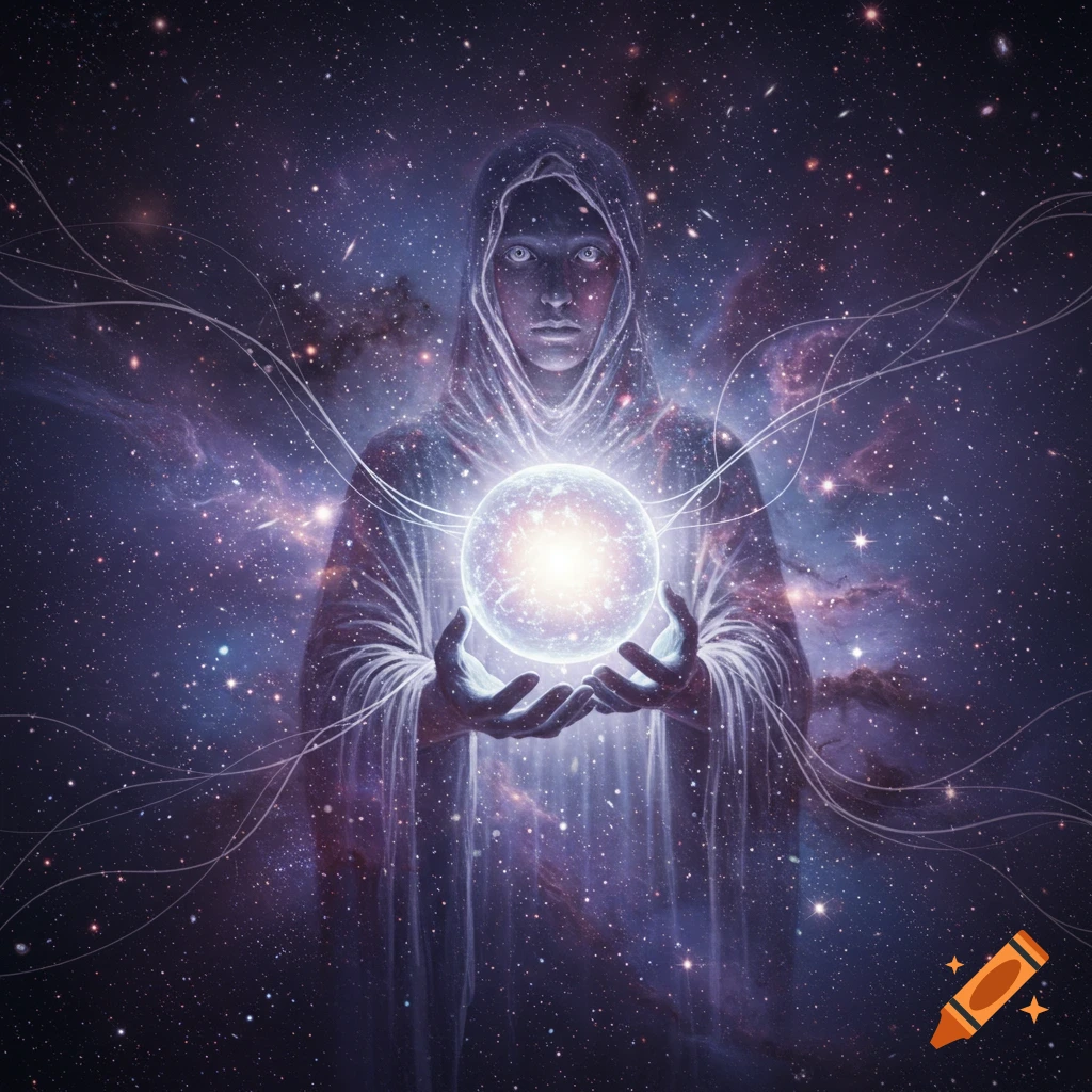 A robed figure with a hood stands in a cosmic void, holding a bright glowing orb between their hands, surrounded by stars.