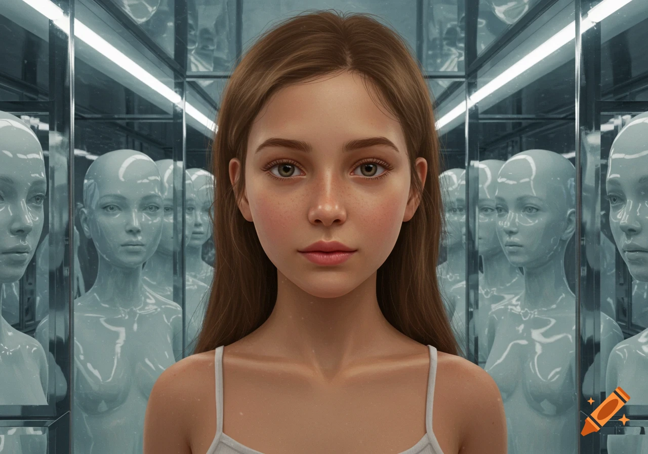 A photorealistic portrait of a young girl with long brown hair and freckles, wearing a white camisole, stands in a room surrounded by glossy white mannequins.