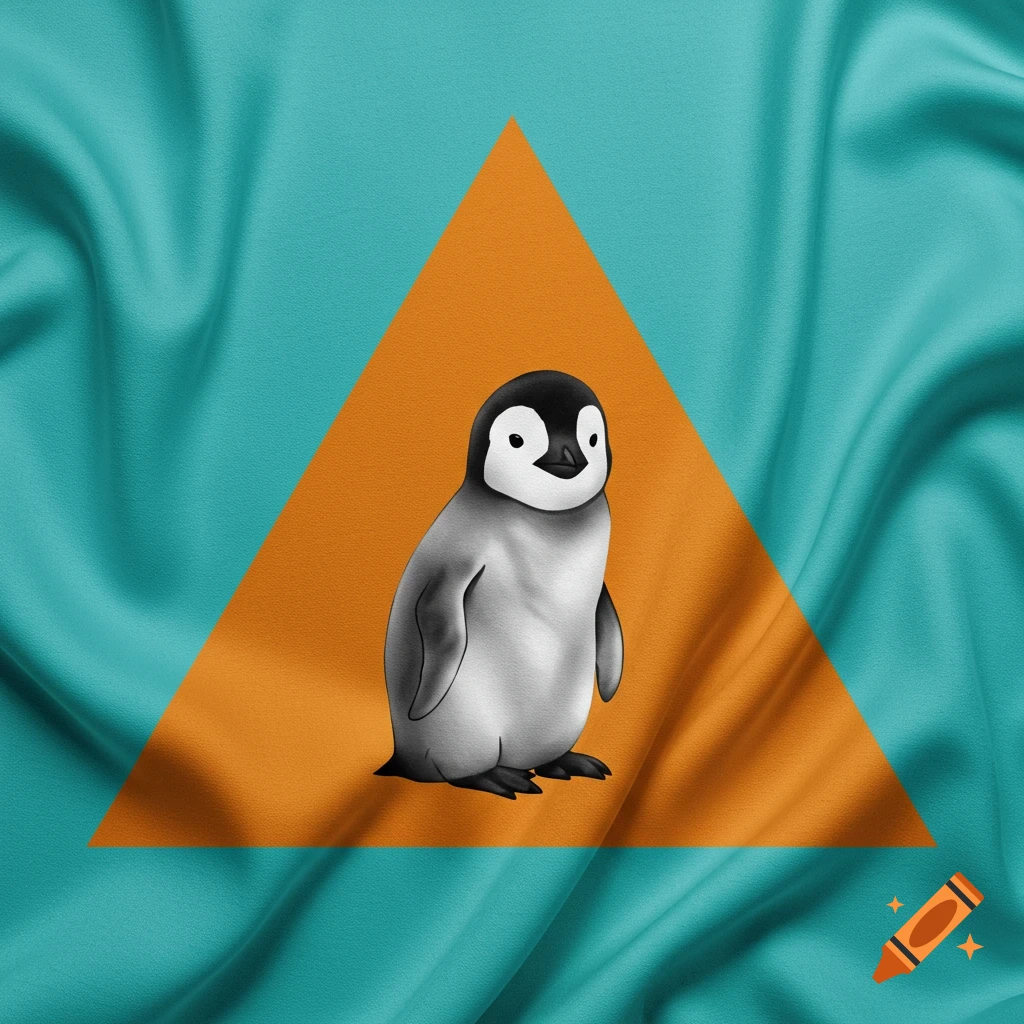 A cute illustrated baby penguin stands within an orange triangle on a textured cyan flag background.
