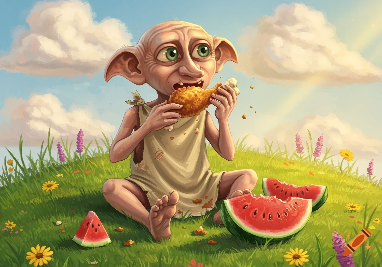 Dobby from Harry Potter sits in a grassy field, happily eating fried chicken and watermelon slices in a colorful, whimsical illustration.