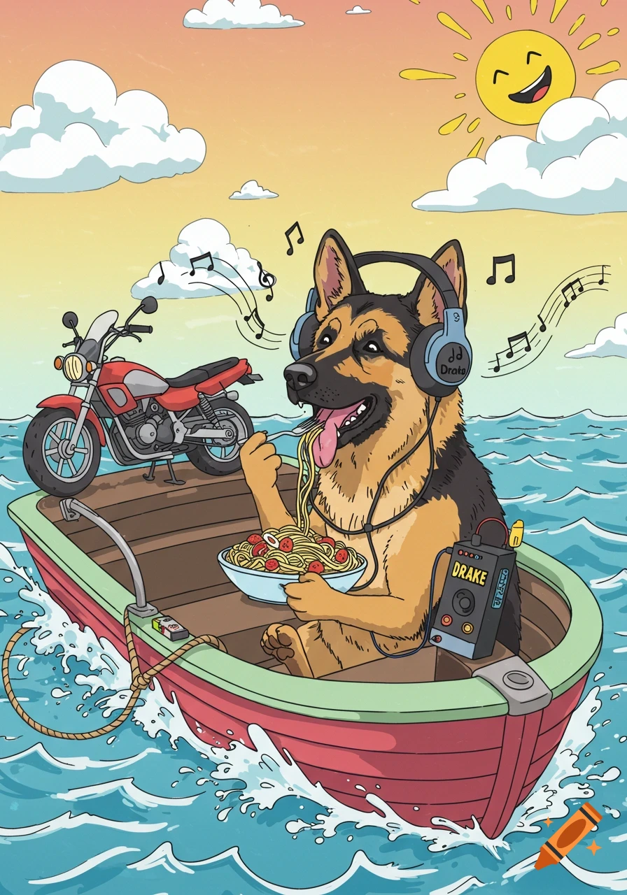 A colorful cartoon shows a happy German Shepherd dog wearing headphones and eating spaghetti in a boat, with a red motorcycle behind it on the water. A smiling sun shines above.