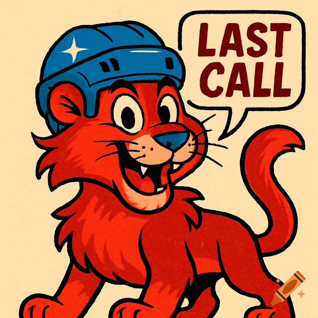 A red cartoon cougar wearing a blue hockey helmet, speaking 'LAST CALL' in a speech bubble, in a vintage illustration style.